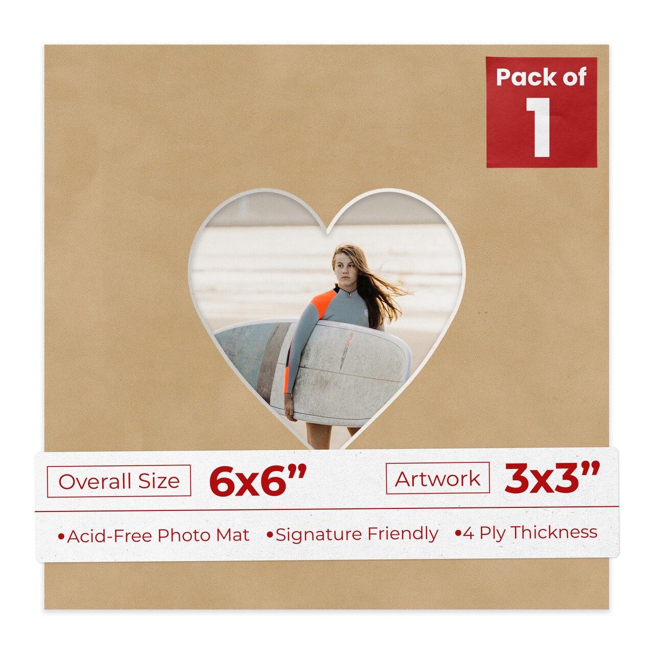 Beige Suede Mat Board for 6x6 Frames - Heart Opening for 3x3 Photos